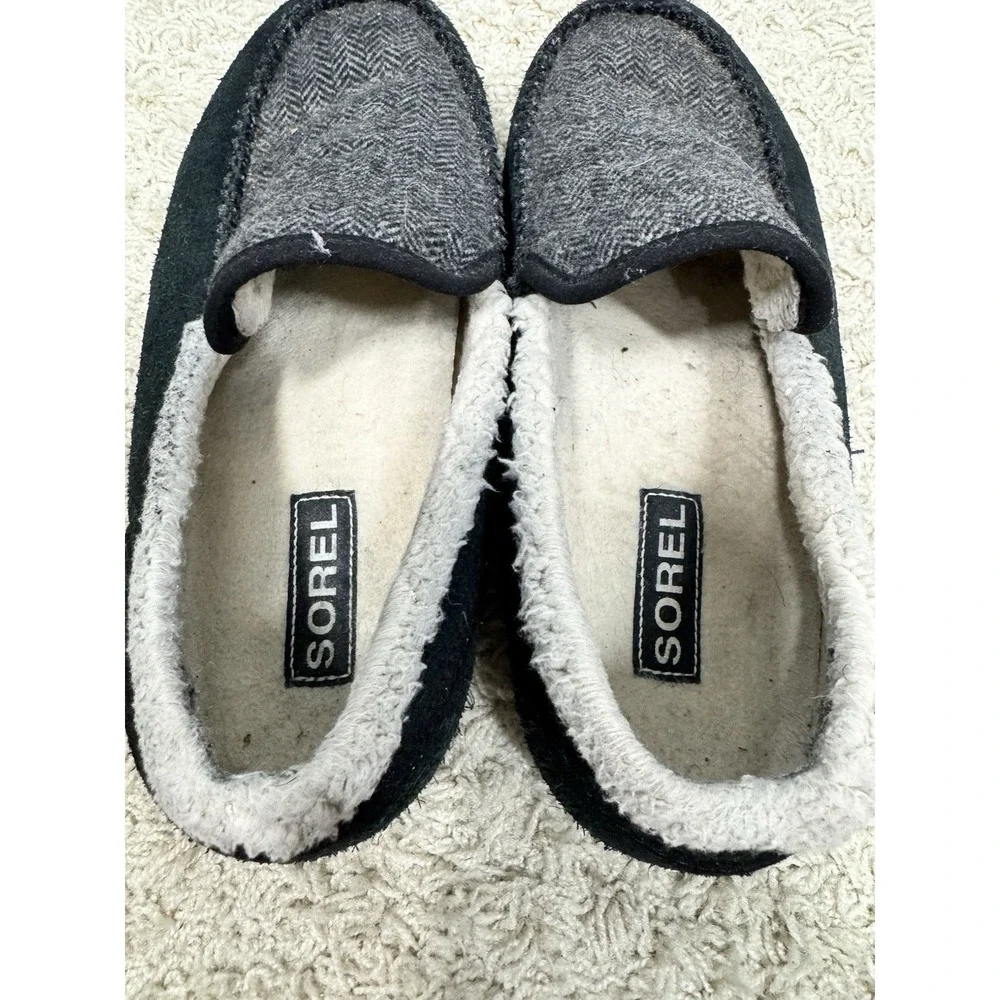 Sorel Mens Dude Moc Black Suede And Tweed Sherpa Lined Slippers Size 8 Warm Home